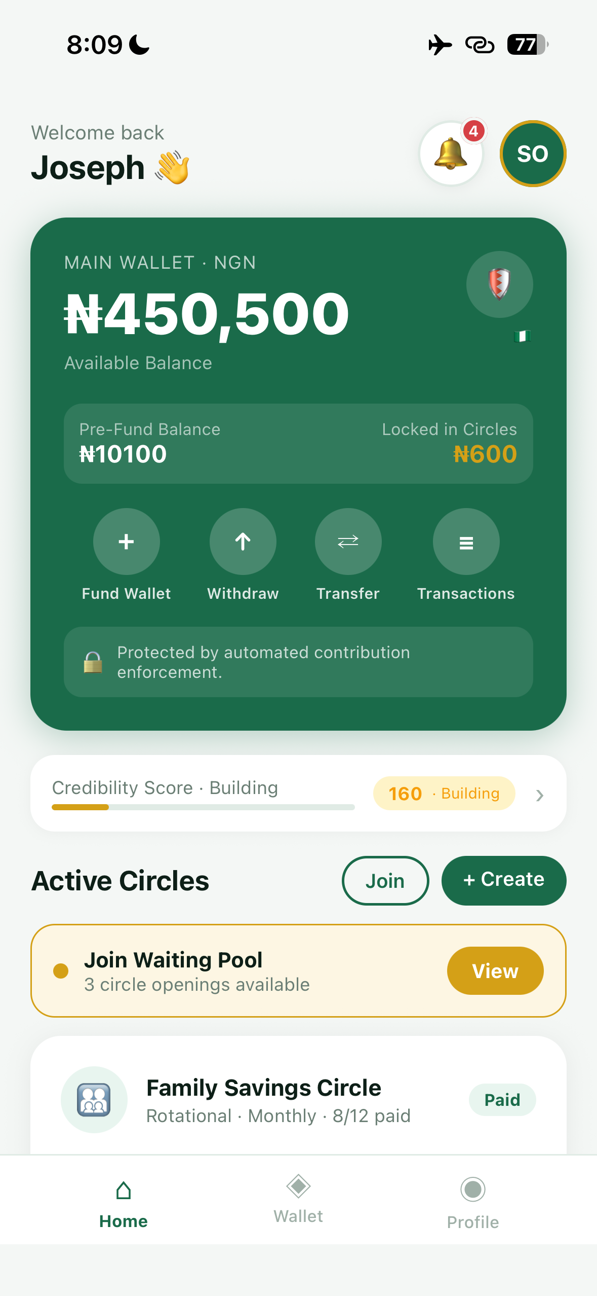 coSAYV home screen showing wallet balance and active circles
