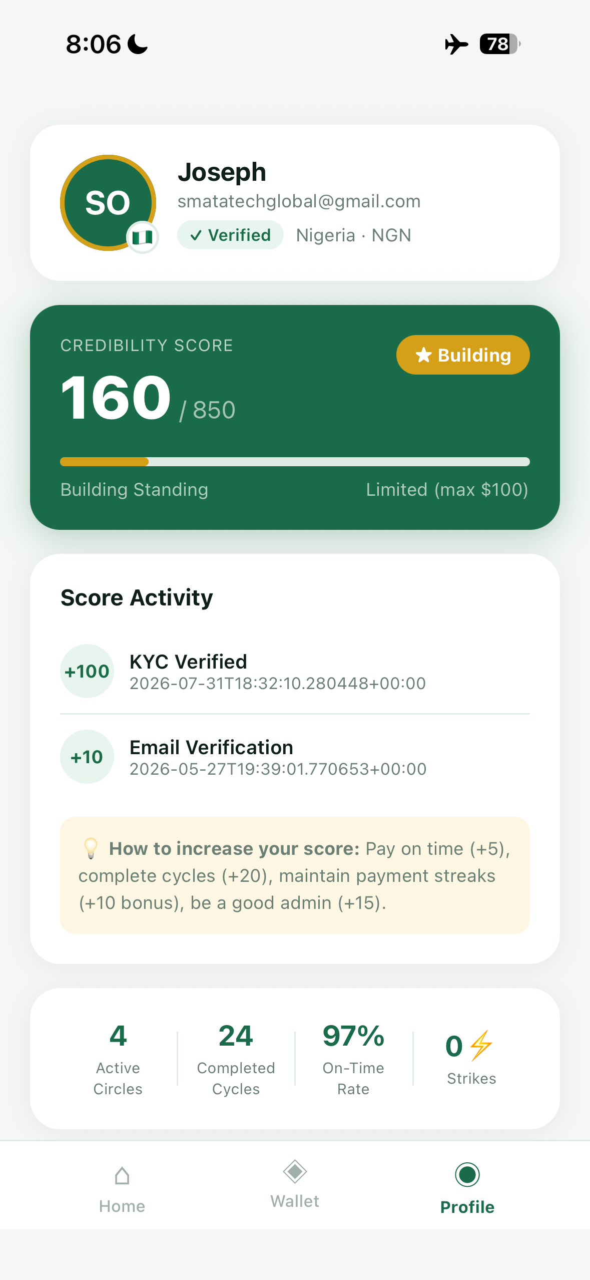 coSAYV profile screen showing a verified badge and credibility score
