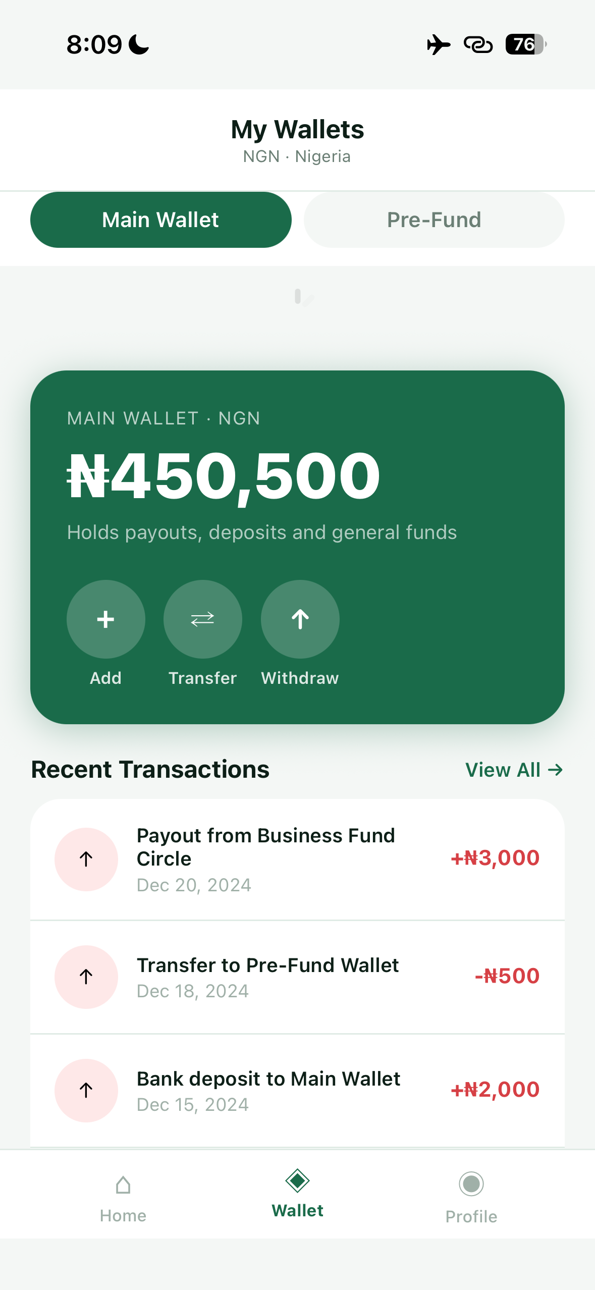 coSAYV wallet screen showing balance and recent transactions